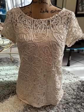 Rafaella Cream Lace Beaded Short-Sleeve Top